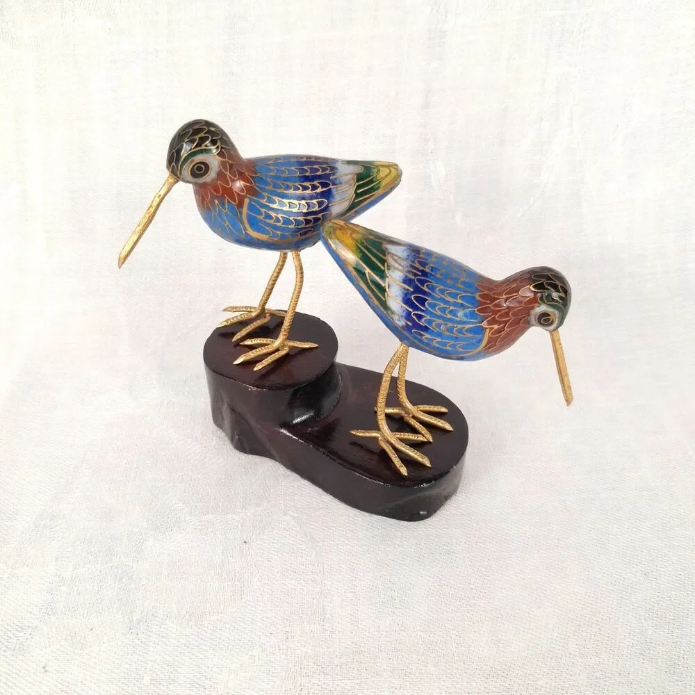 Vintage Chinese Cloisonné Enamel Brass Sandpiper Pair on Tiered Wood Stand 2.5